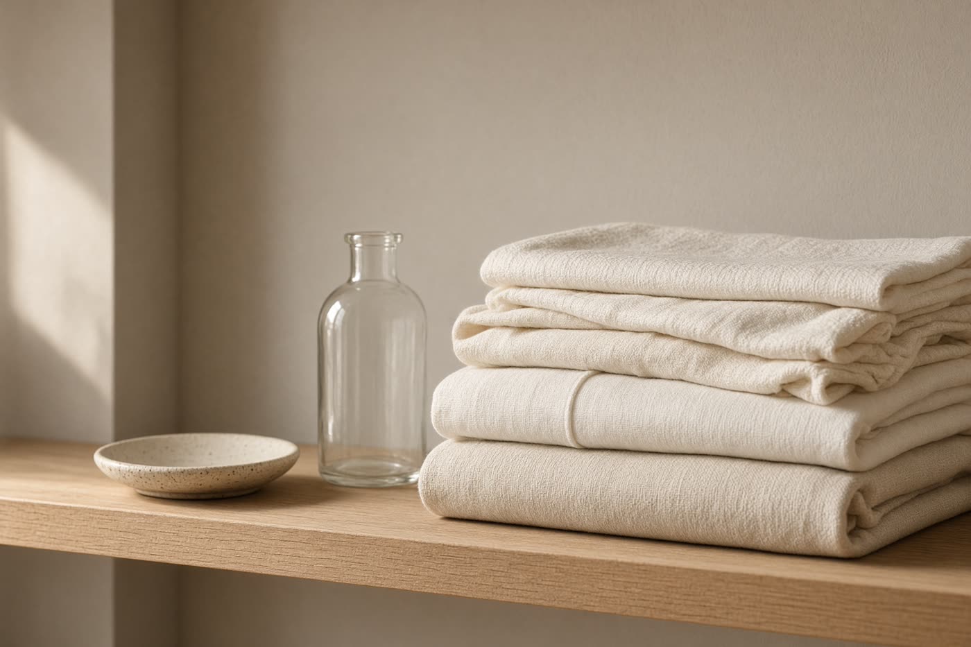 Folded cream linens on a wooden shelf, used as an illustrative still life